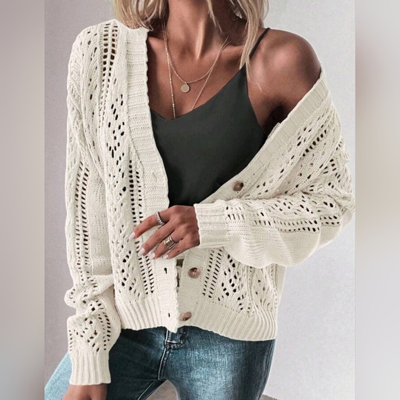 New Boho Open Knit Cardigan Sweater Off White - Picture 3 of 9